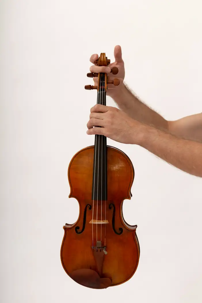 Manos que sostienen un violín sobre un fondo claro
